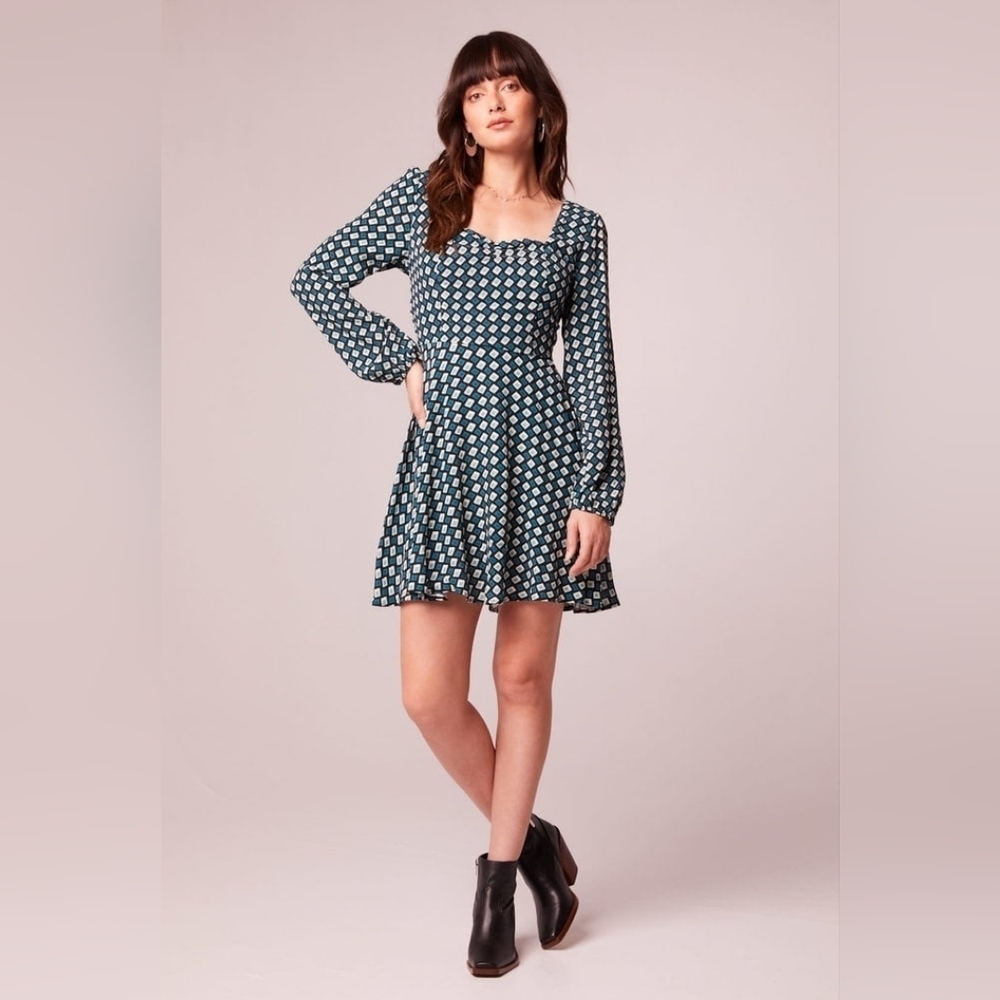 BAND OF THE FREE Genevieve Teal Diamond Long Sleeve Mini Dress, Size Medium. NWT